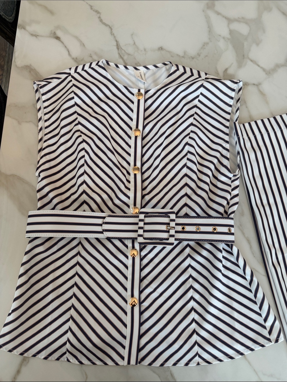 Striped Two-Piece Set with Gold Button Accents - Black & White - Picture 3 of 4